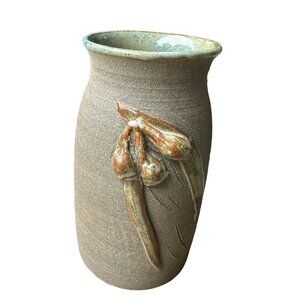 VTG Vase 4.75" Stoneware Pottery Seed Pod Leaves Motif Multicolor Texture Signed